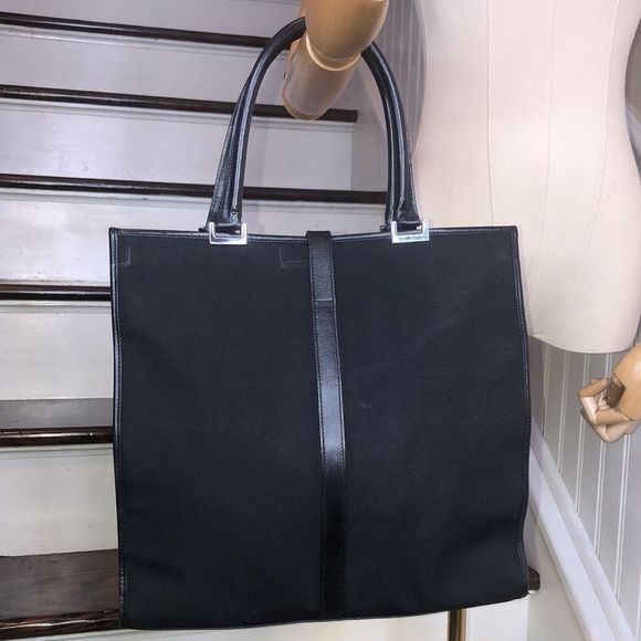 GUCCI Jackie Black Leather Rolled Top Handles Tall Nylon Tote Bag VTG Mint - Picture 9 of 17